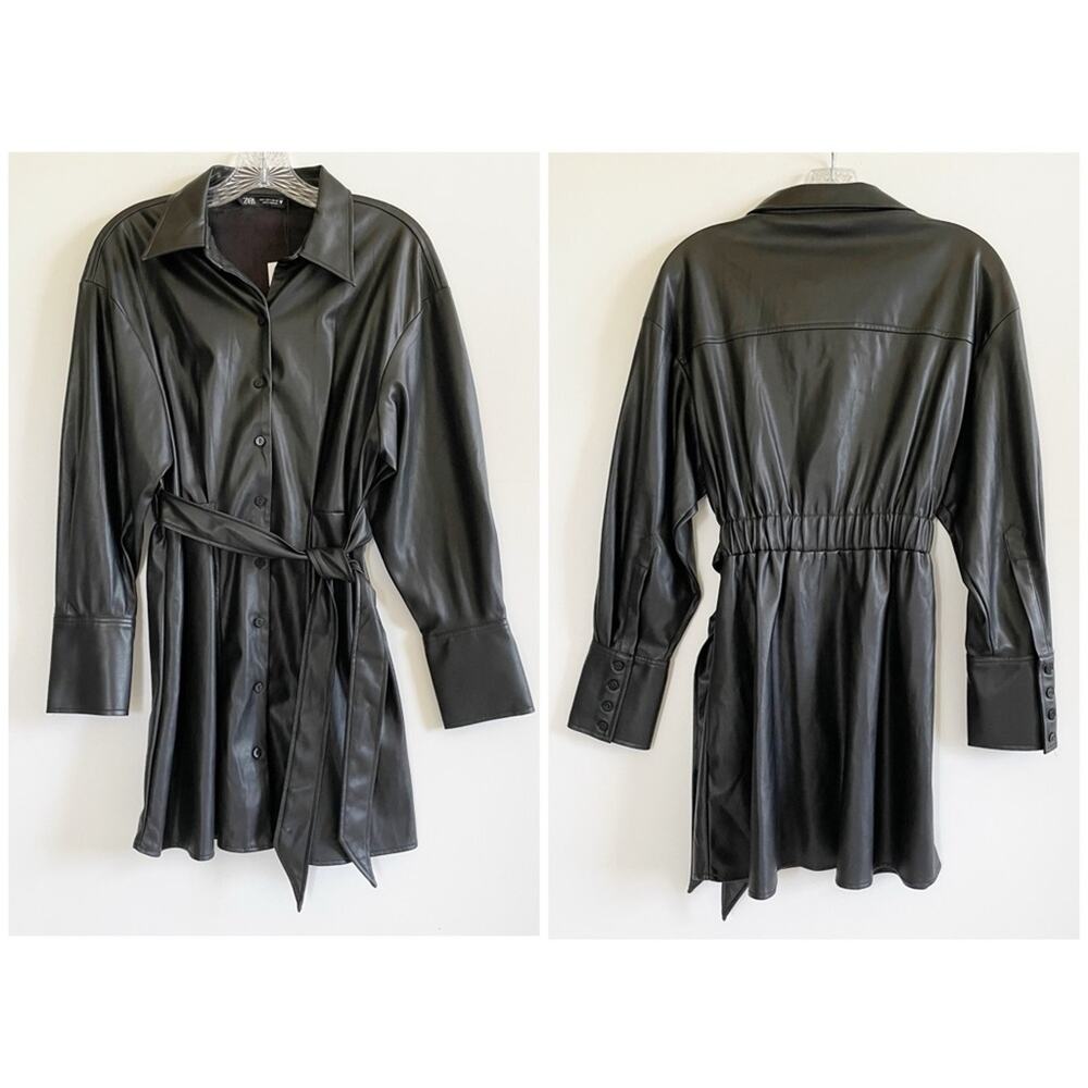 NWT Zara Black Faux Leather Shirt Dress - Picture 5 of 11